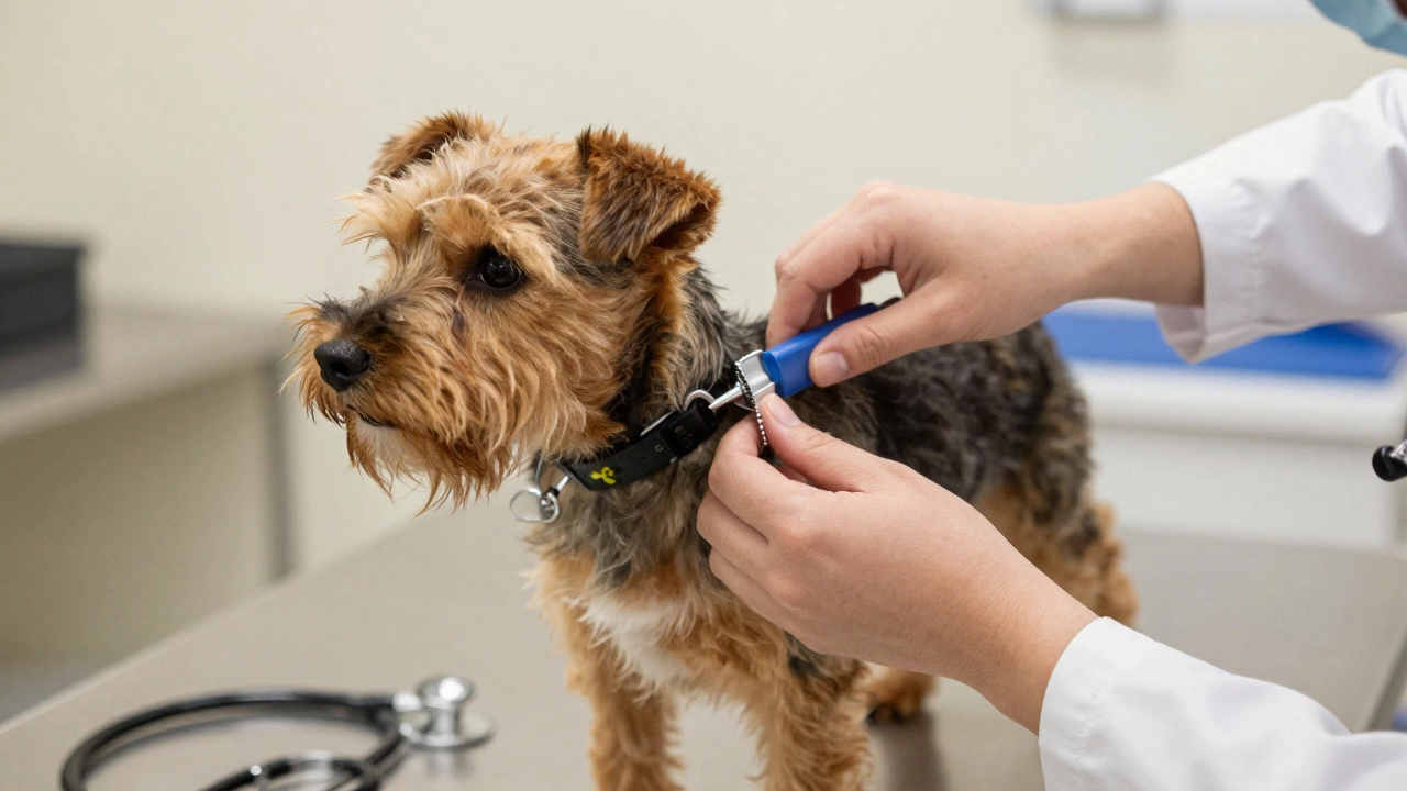 Veterinarian removing a snap collar from a terrier during a clinic exam.