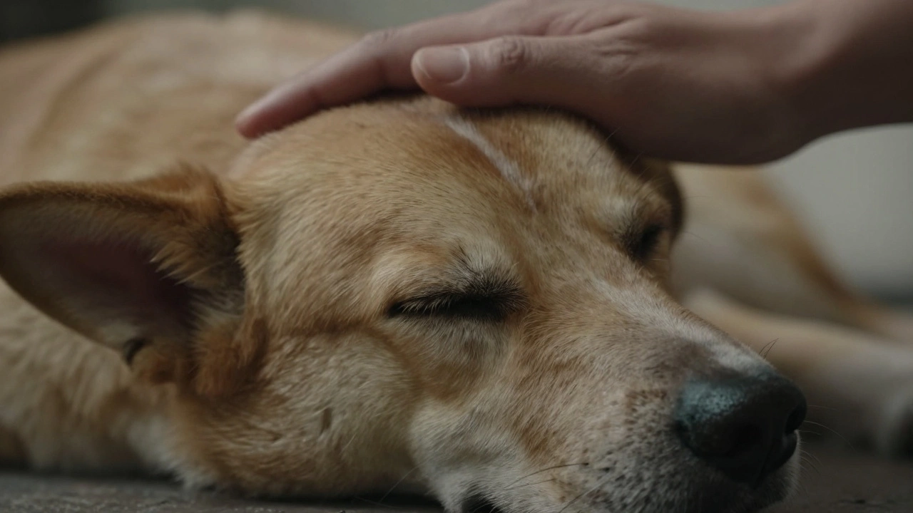 A dog's face in deep sleep with a hand hovering nearby, showing subtle signs of stress.