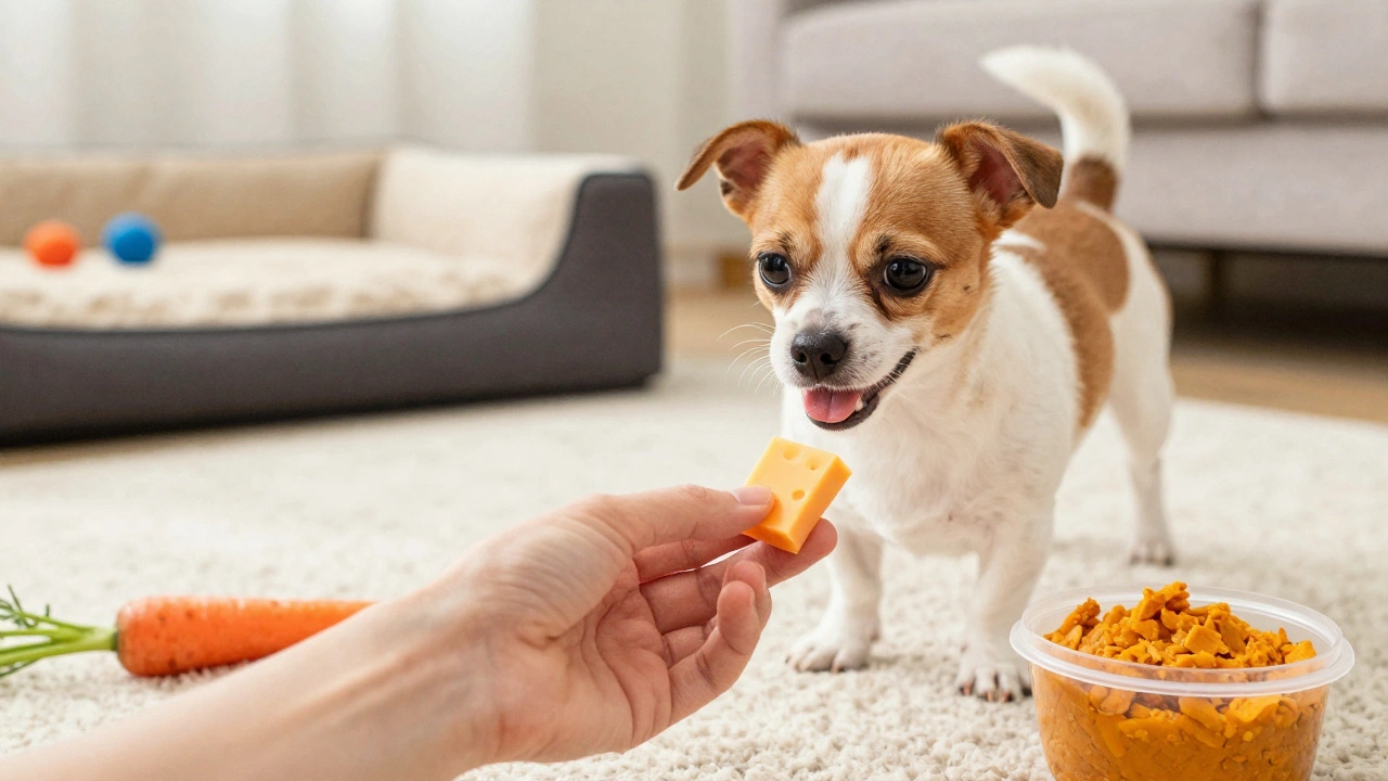 A dog receives a small cheese treat during training, with healthy alternatives nearby.