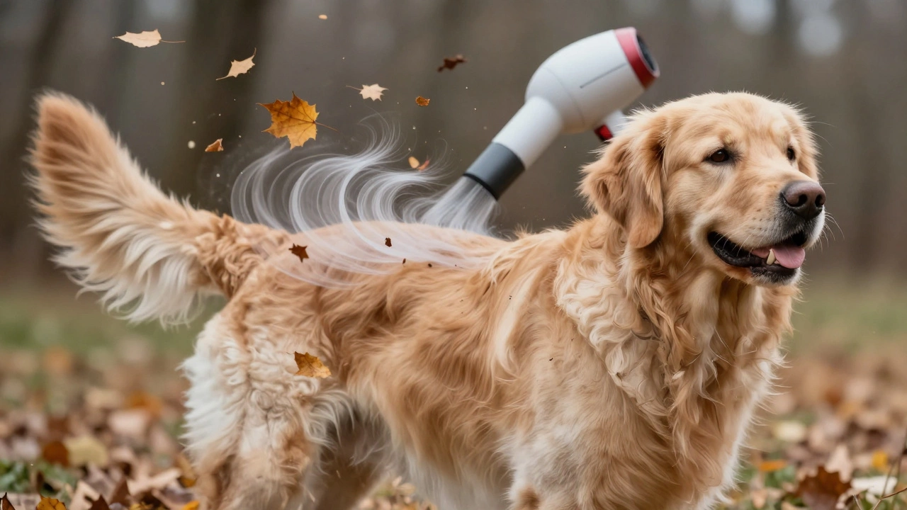 A Golden Retriever shedding, with swirling fur layers symbolizing seasonal coat change, soft background.