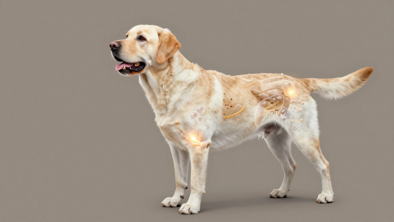 A Labrador with glowing nutrient symbols around its joints and gut.