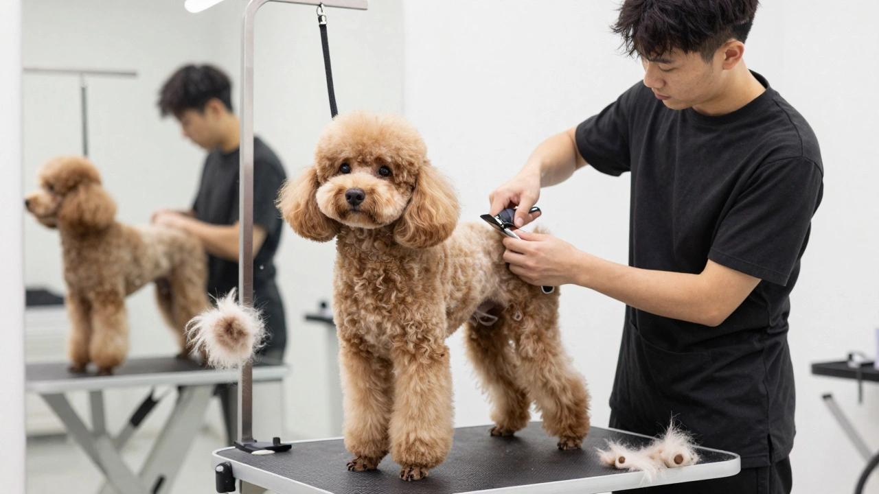 A professional groomer trimming a Poodle's coat, with tangled fur floating around, in a bright salon.