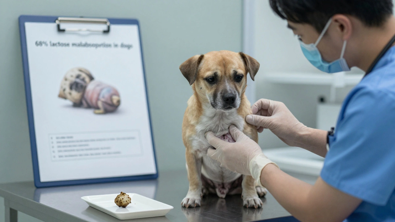 A veterinarian examines a dog showing signs of lactose intolerance.
