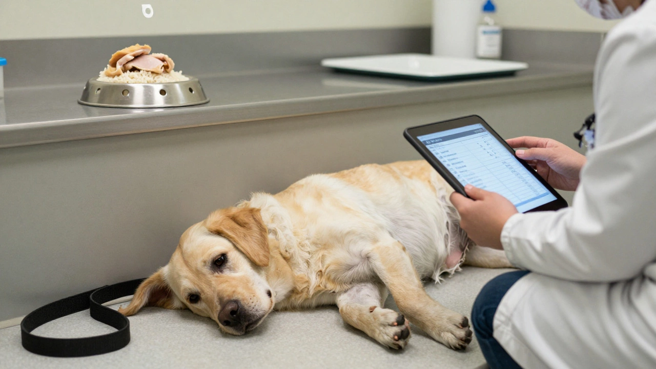 A weak Labrador on a vet clinic floor, with a homemade meal visible in the background.
