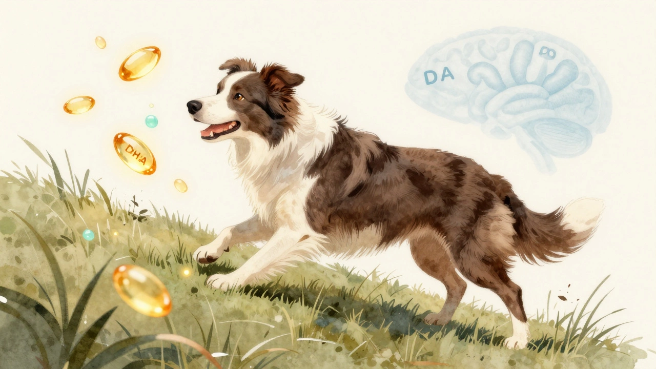 An elderly Border Collie climbing a hill with glowing omega-3 molecules enhancing its joints and brain