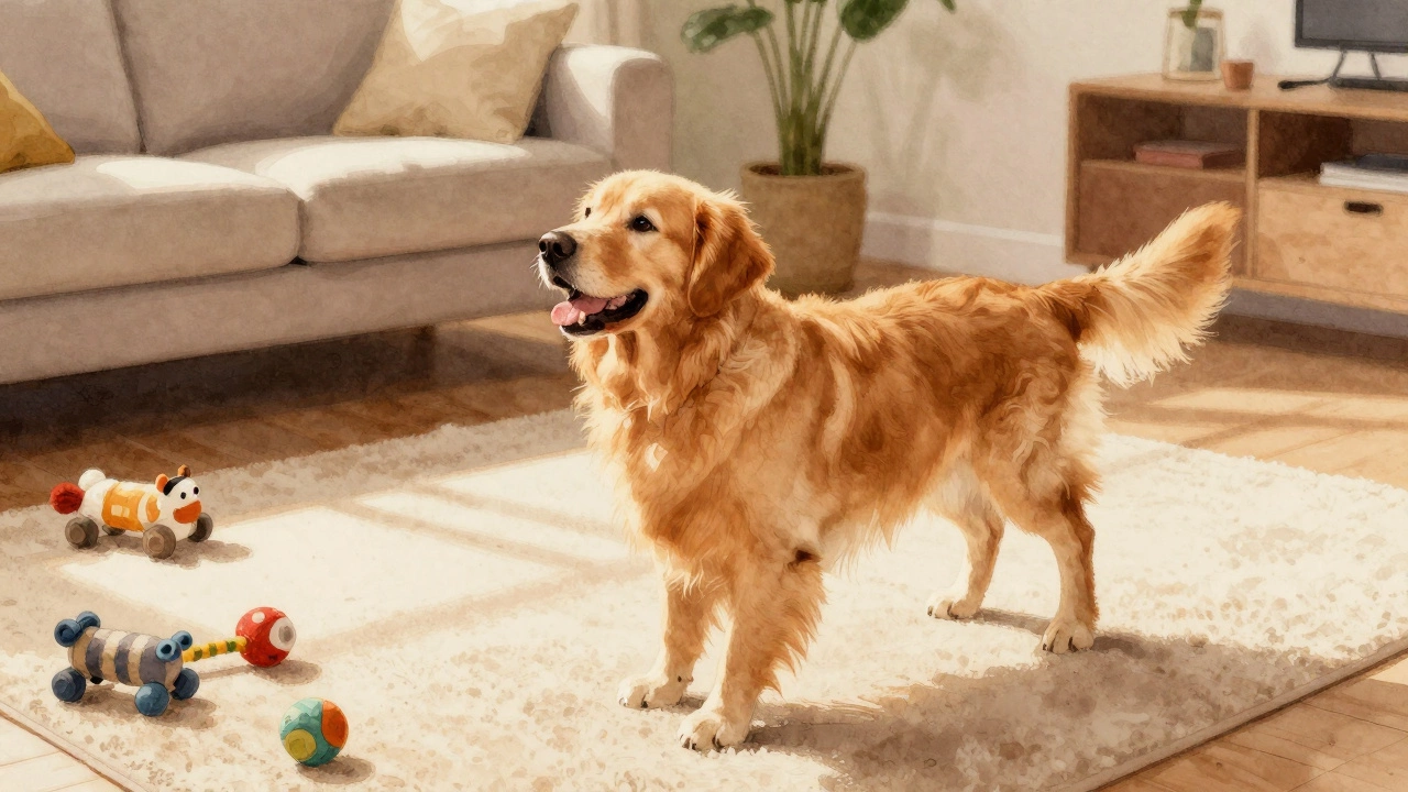 Golden Retriever playing with foster parent in cozy home setting.