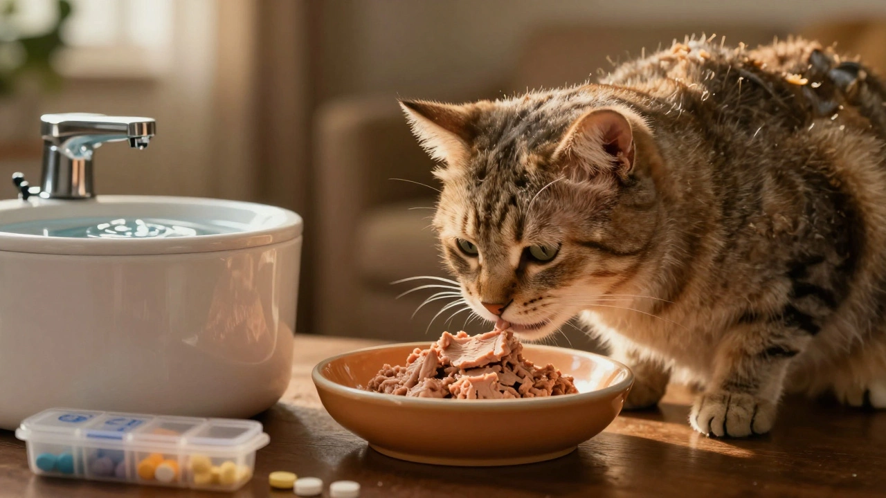 Senior cat eating soft wet food from a ceramic dish in warm evening light.