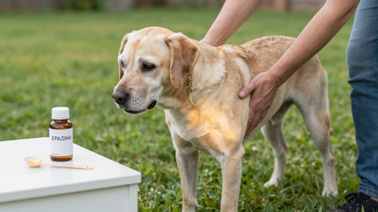 Senior dog supported by owner with fish oil bottle nearby
