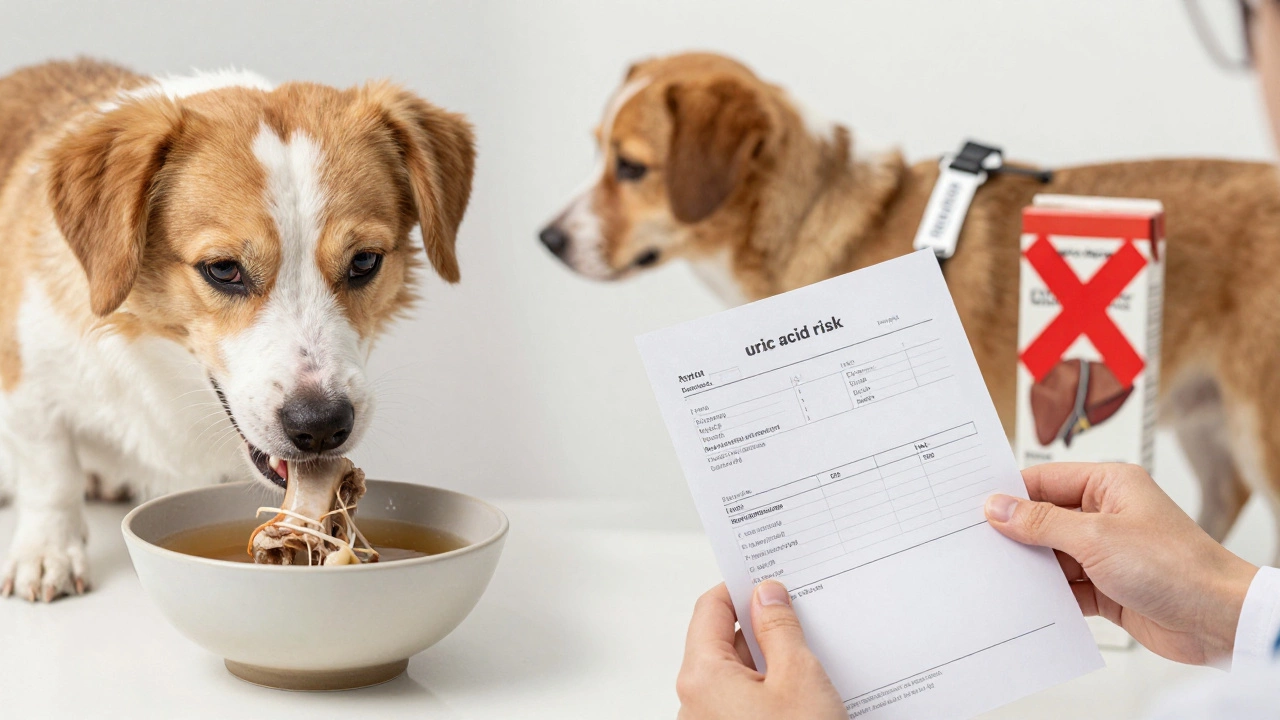 Split image: healthy dog with broth vs. dog with medical warning.