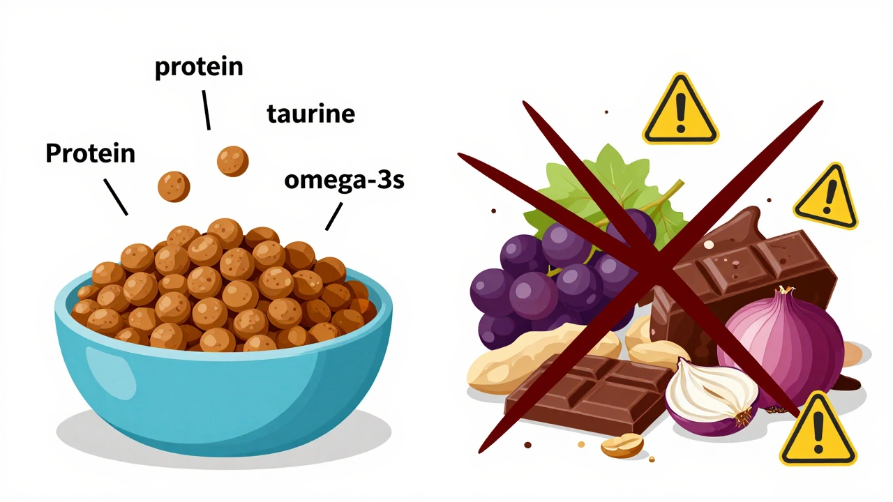 Split image showing balanced dog food on one side and toxic human foods on the other.