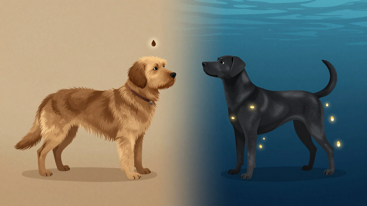 Two dogs side by side showing dull vs. shiny coat with oil symbols