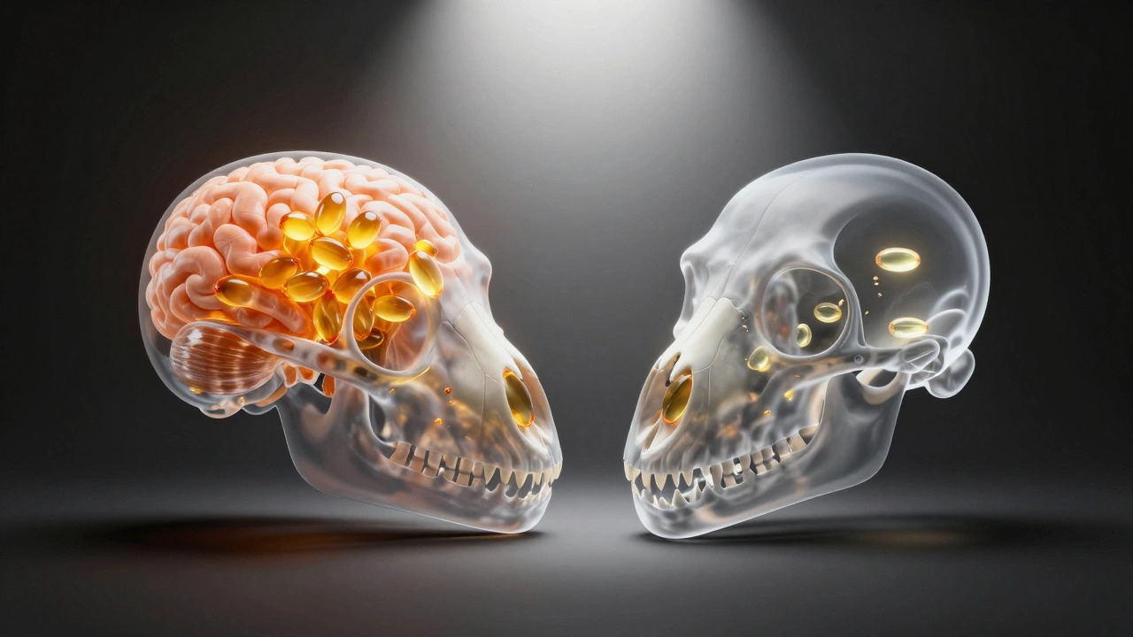 Two transparent dog skulls showing dense DHA particles in one and sparse omega-3s in the other
