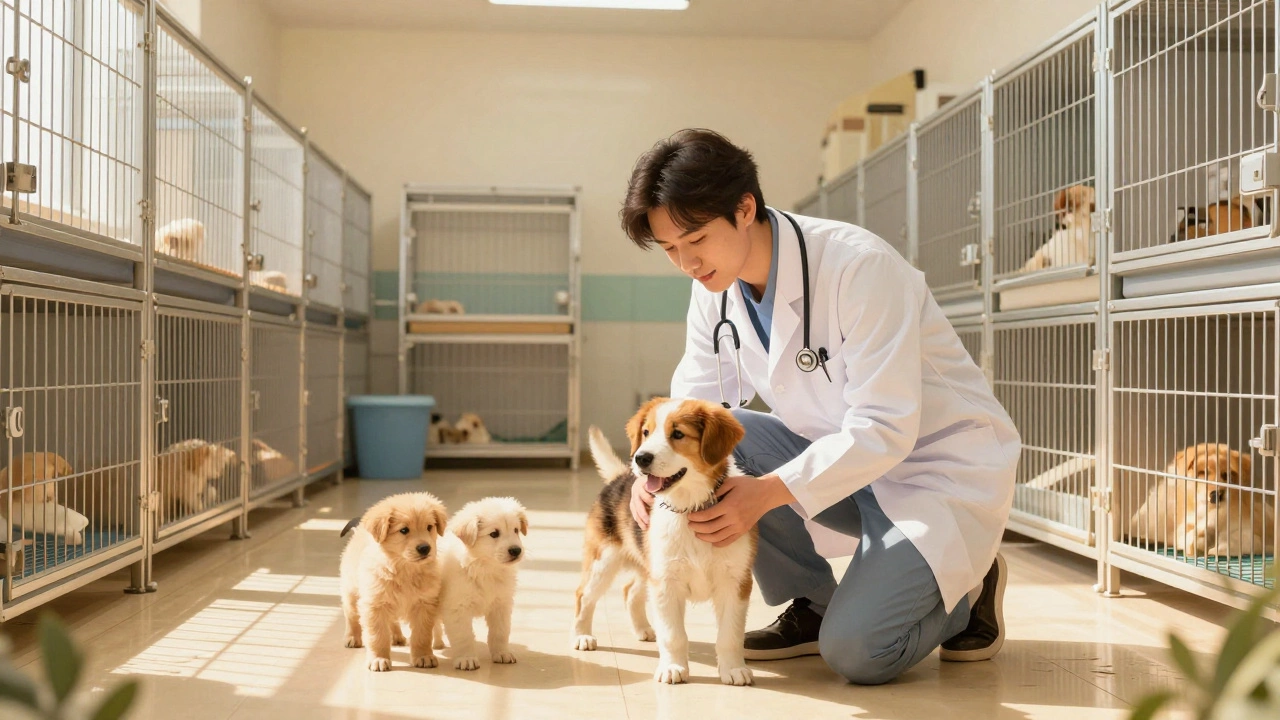 Veterinarian examining a puppy at a reputable breeder's facility.