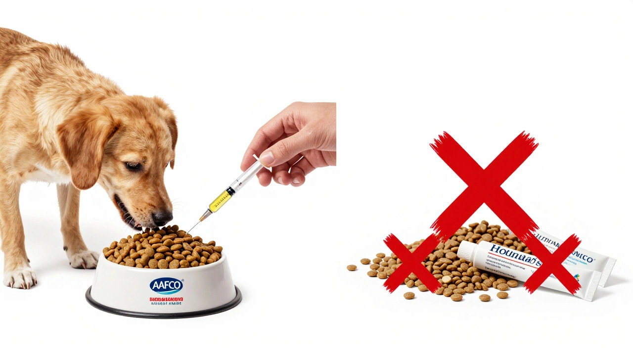 A dog eating commercial kibble beside a pile of dangerous human supplements and medications marked with red Xs.