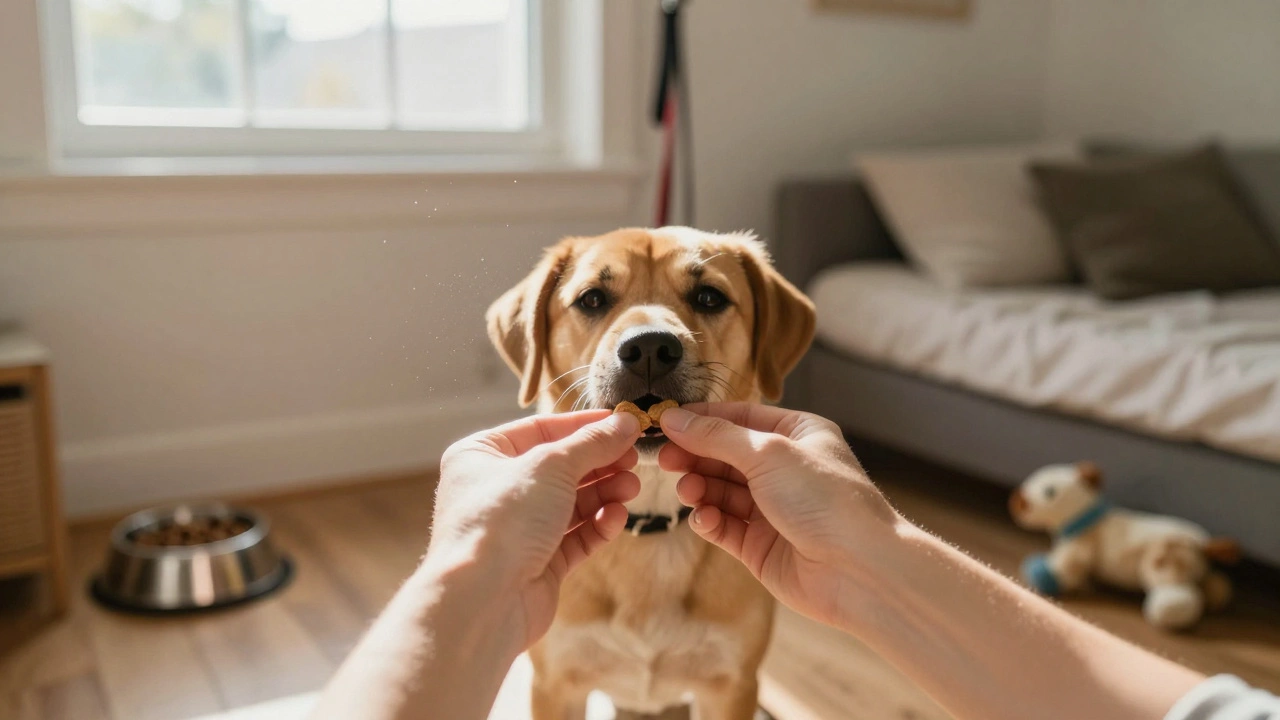 A dog’s view of gentle hands offering a treat, with a full food bowl and cozy bed in the background.