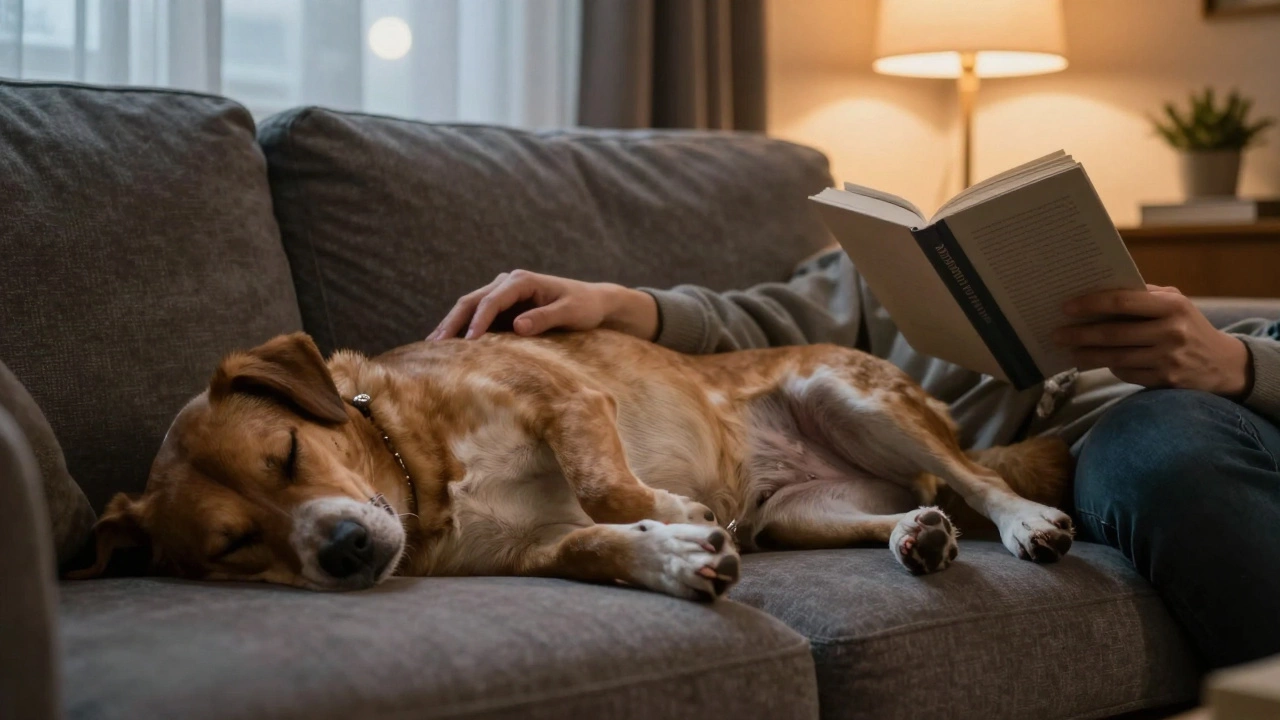 A dog sleeps deeply on a couch with its belly exposed while a person sits nearby, reading in the evening light.