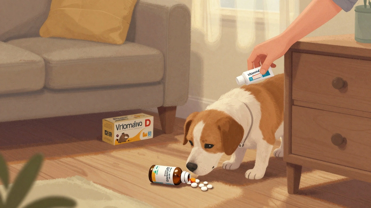 A dog sniffing spilled vitamin D drops on a living room floor, with rodent poison and cream bottle nearby.