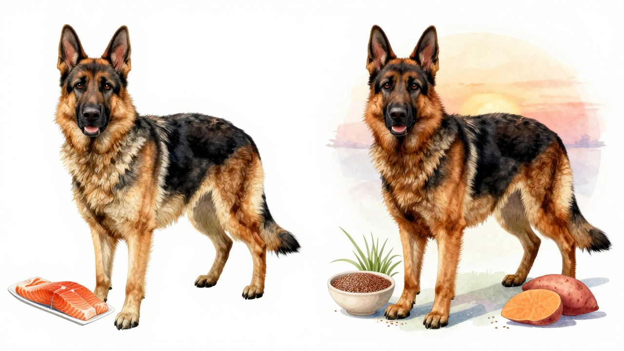 A German Shepherd transformed from dry, brittle fur to a shiny, healthy coat with natural foods around.