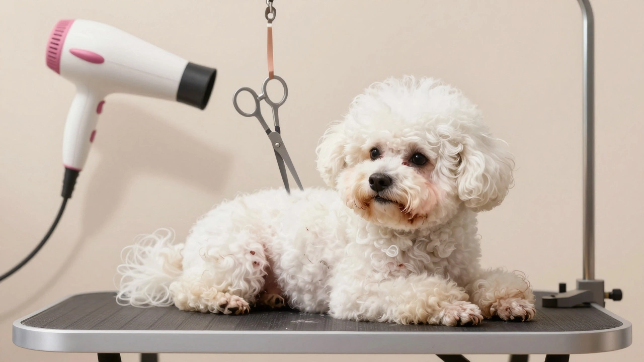 A neglected Bichon Frise covered in thick matted fur with skin sores visible, lying on a grooming table.