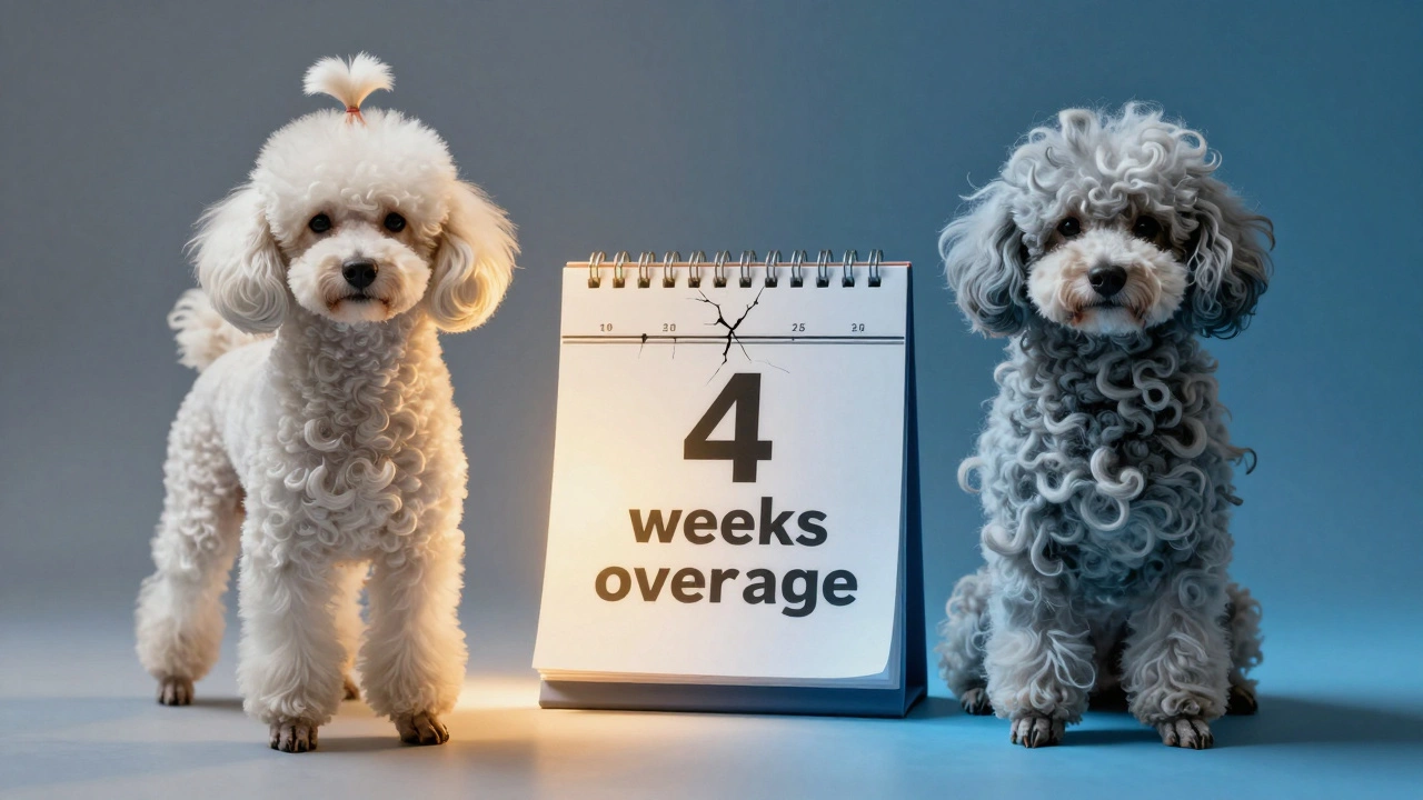A Poodle's healthy coat on one side, collapsed into matted fur on the other, with a calendar showing '4 weeks overdue'.