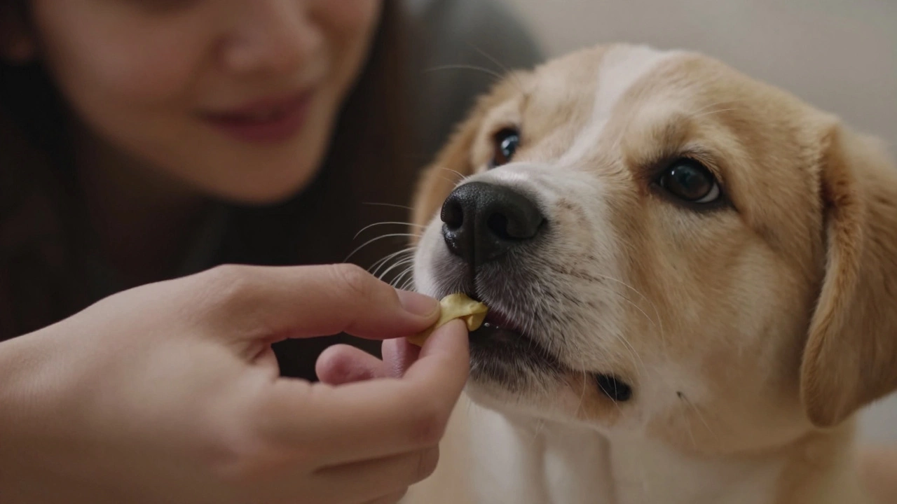 A puppy’s eyes lifting from a closed fist to its owner’s face as it learns the 'leave it' command.