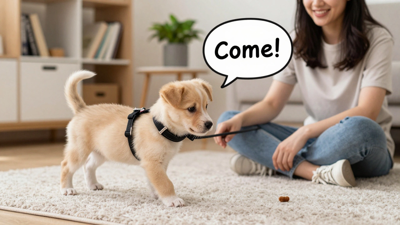 A puppy taking its first step toward its owner while on a long leash, in a cozy home setting.