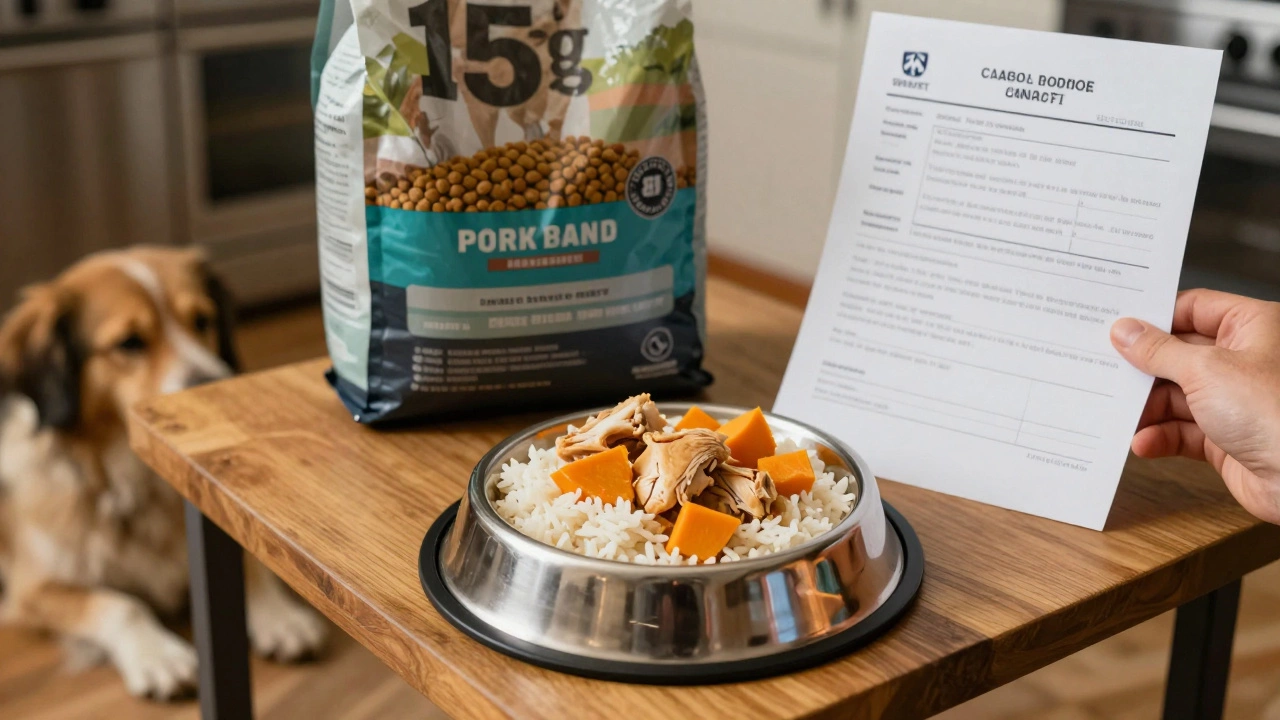 A simple homemade dog meal is prepared with rice, chicken, and pumpkin, beside an affordable kibble bag and a vet’s note.