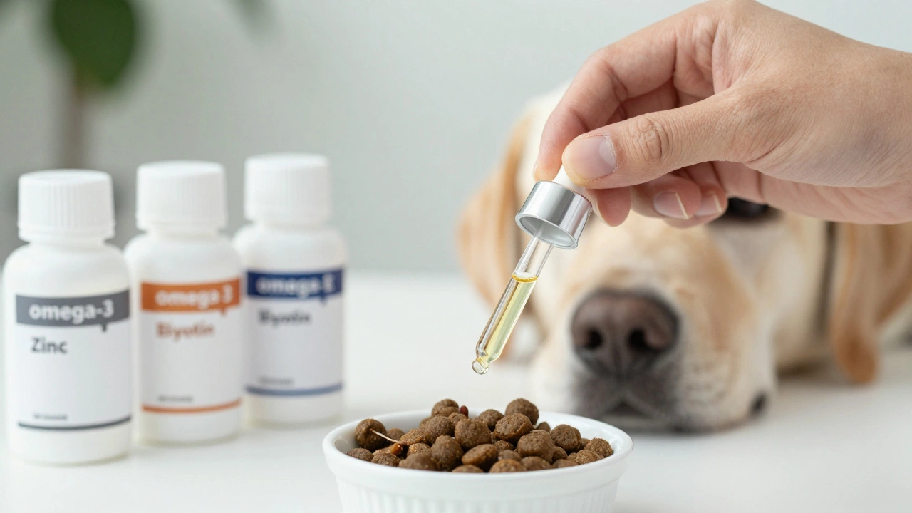 A vet administering fish oil supplement to a dog, with labeled vitamins visible in the background.