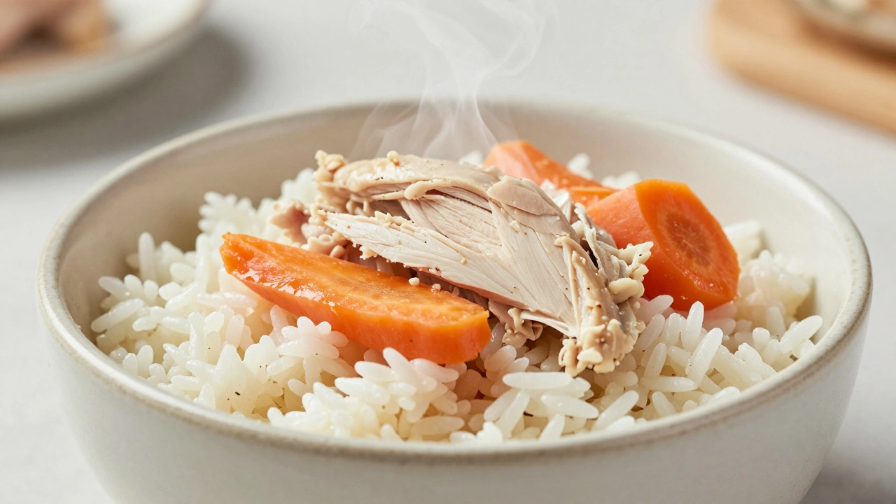 Ceramic bowl filled with cooked rice, chicken pieces, and steamed vegetables on a table.