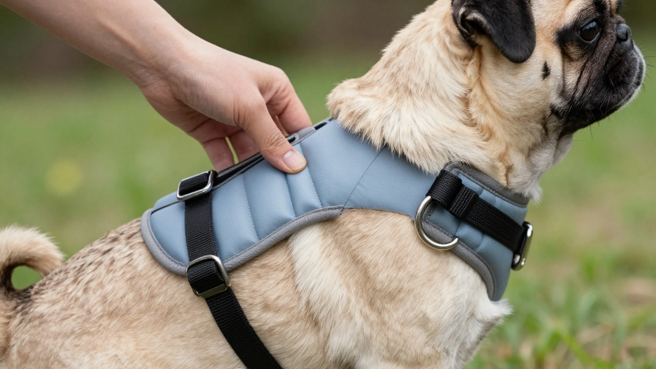 Close-up of a front-clip harness being fitted on a small dog, showing padded chest and adjustable straps.