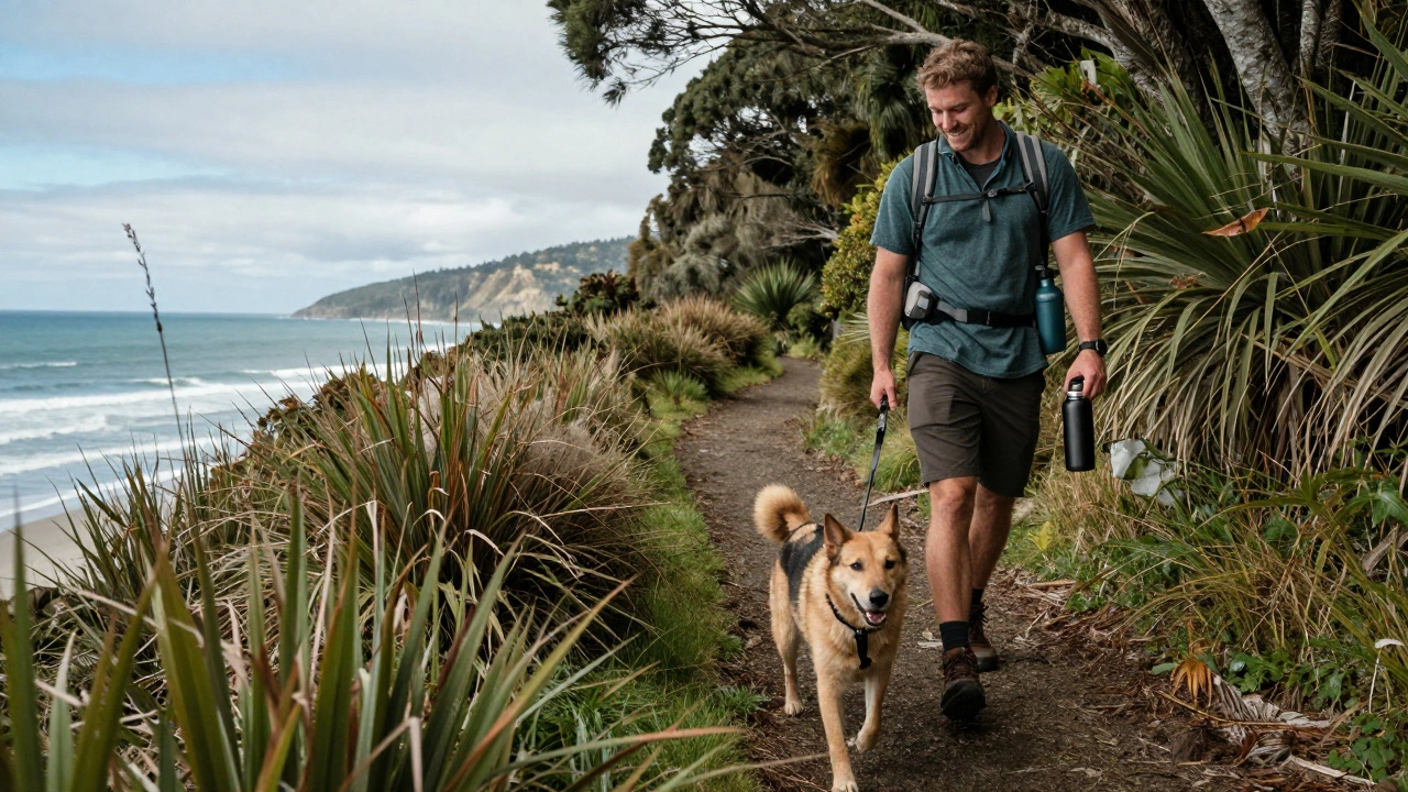 Dog on a leashed trail beside coastal forest in New Zealand
