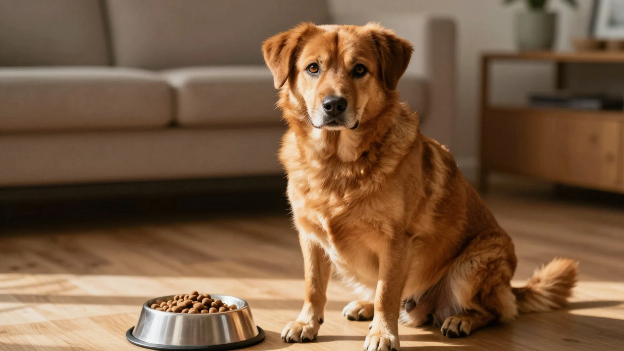 Healthy dog with shiny coat sitting near a food bowl in a sunlit room.