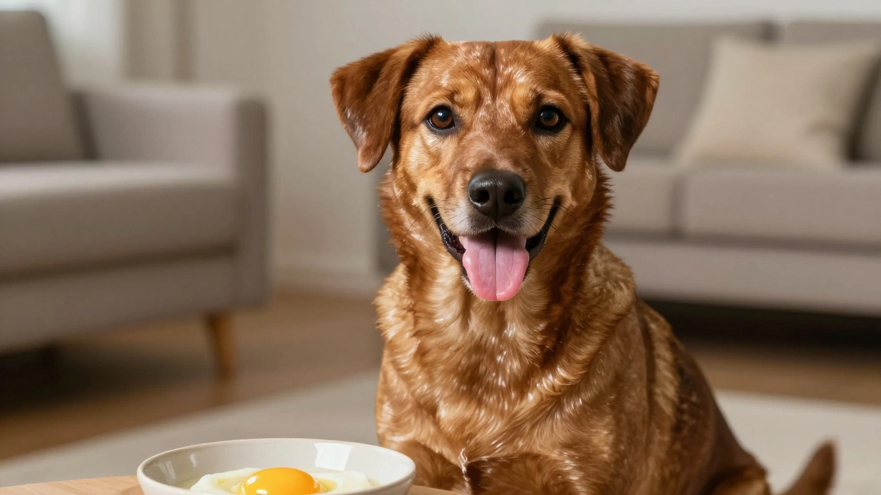Healthy dog with shiny fur sitting near a bowl of cooked egg.