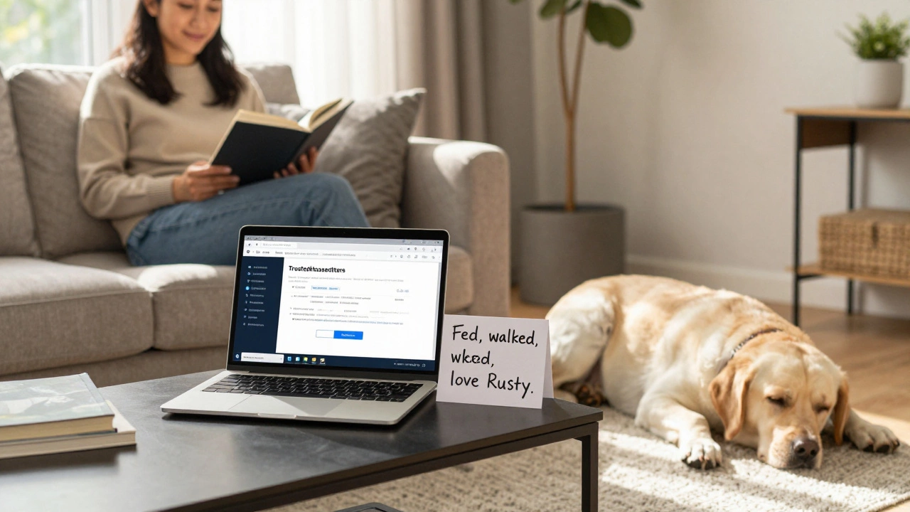 Pet sitter relaxing with dog at home, laptop showing pet care confirmation