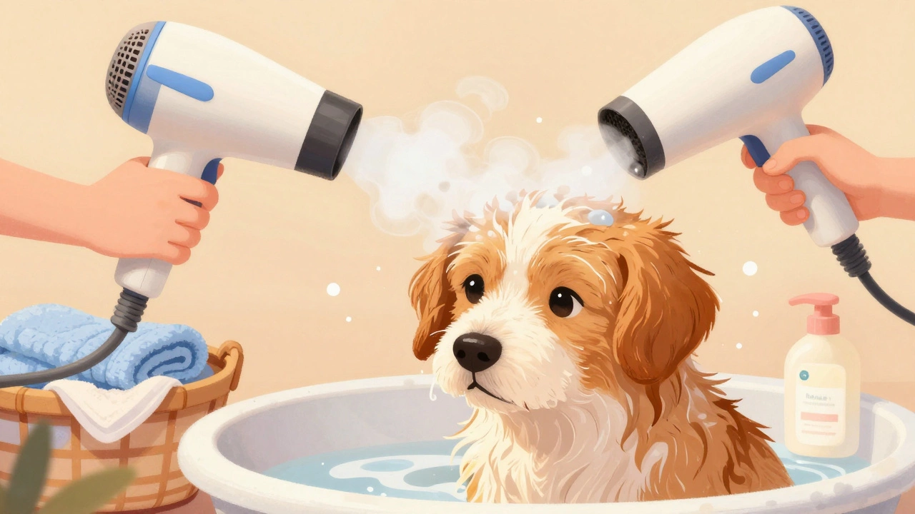 Puppy being dried with warm air after bath