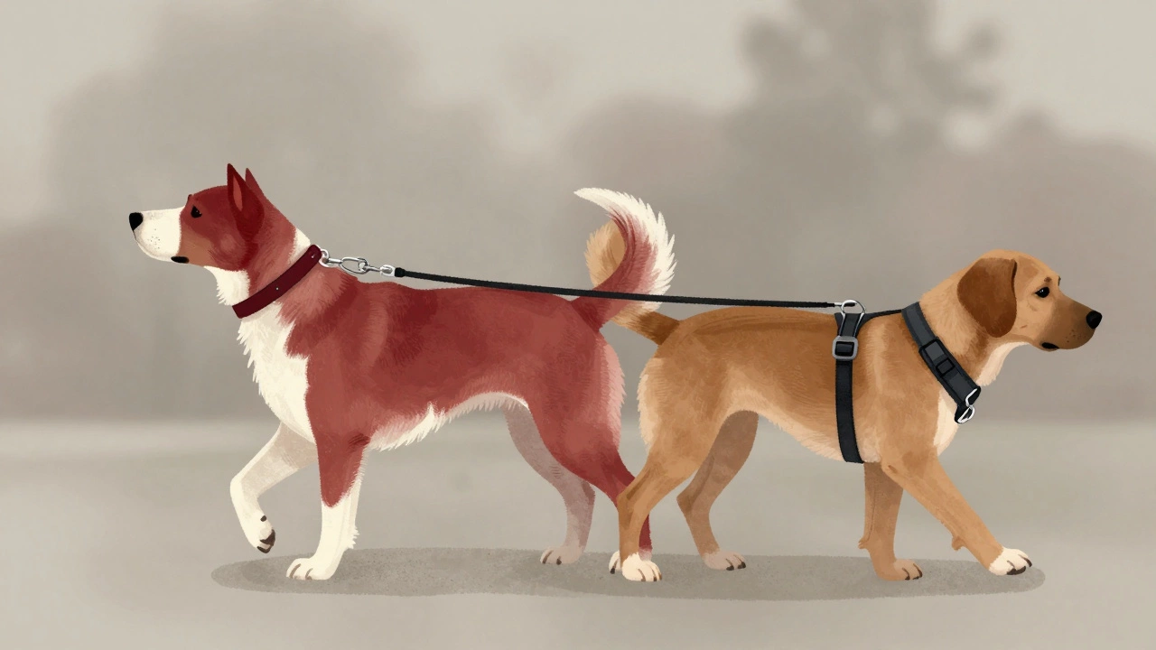 Side-by-side comparison of a dog pulling with a collar versus walking calmly with a front-clip harness.