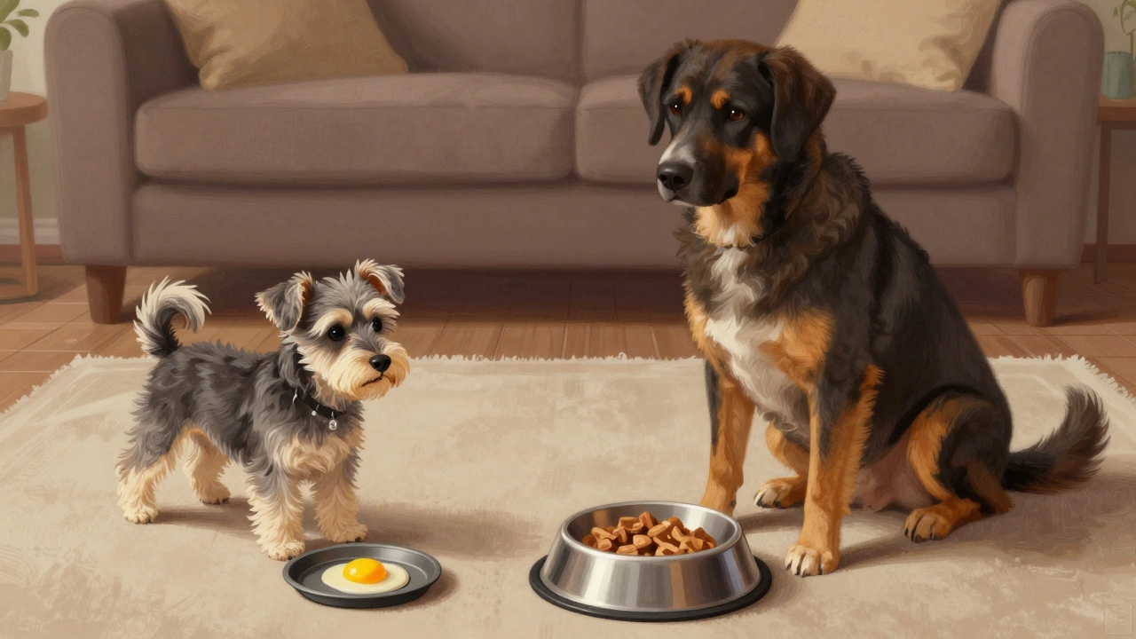 Small and large dogs sitting with proportionate amounts of egg.