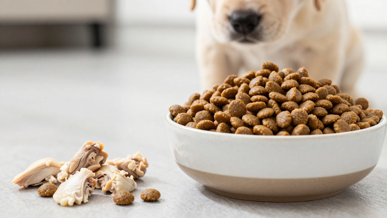 A bowl of puppy kibble and boiled chicken treats on a kitchen floor