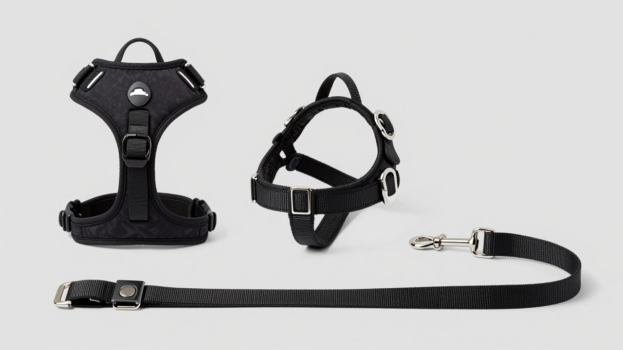 A collection of dog walking tools including a no-pull harness and fixed leash.