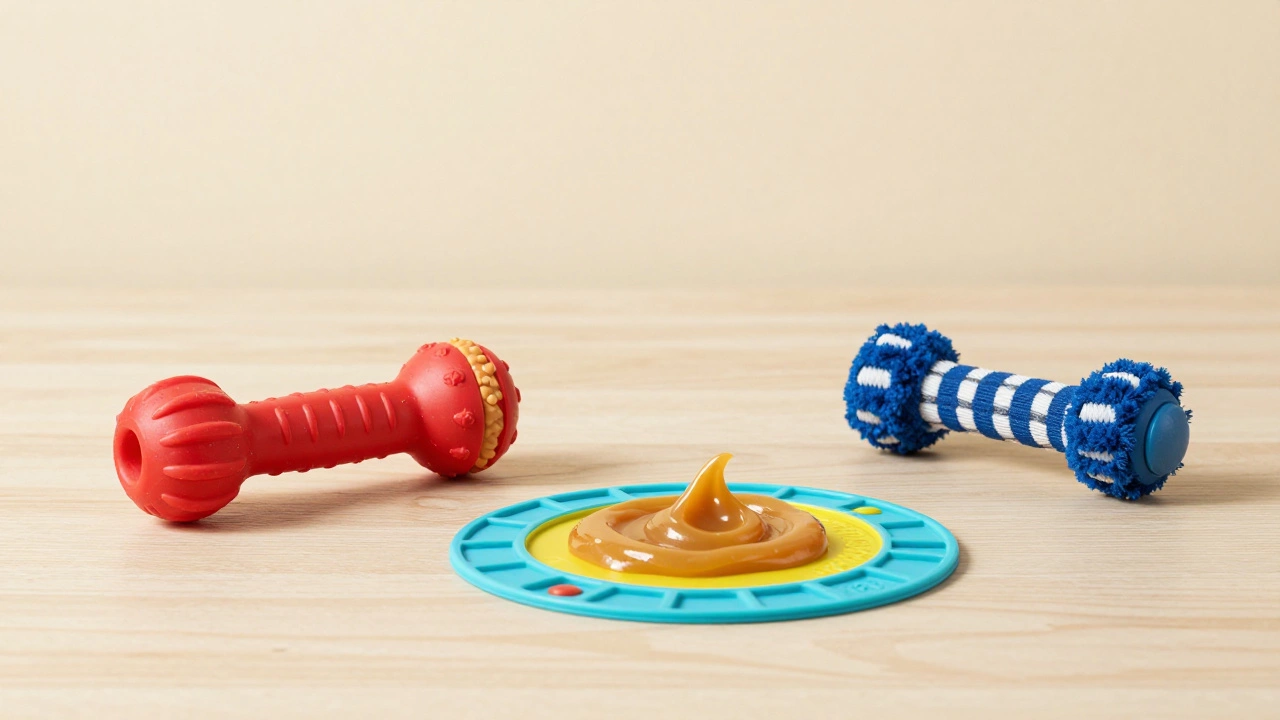 A collection of interactive dog puzzle toys and a lick mat on a wooden floor