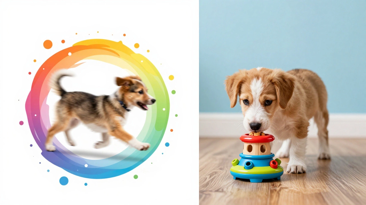 A contrast between a hyperactive puppy and one focused on a puzzle toy.