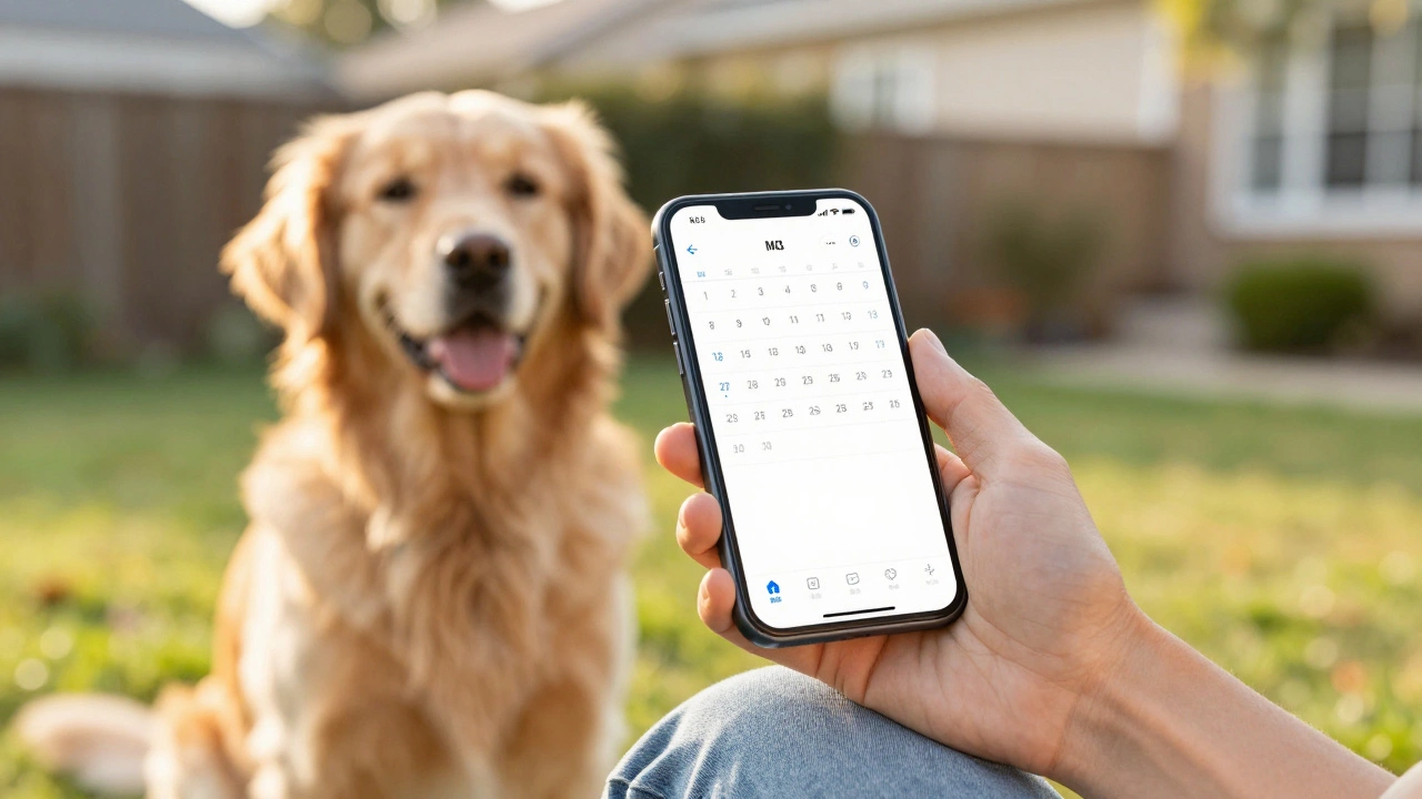 A digital calendar showing scheduled dog walks with a Golden Retriever nearby