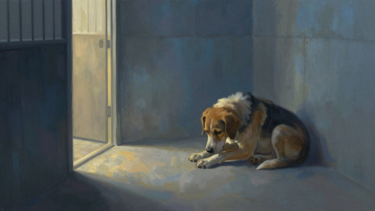 A frightened dog cowering in the corner of a shelter kennel