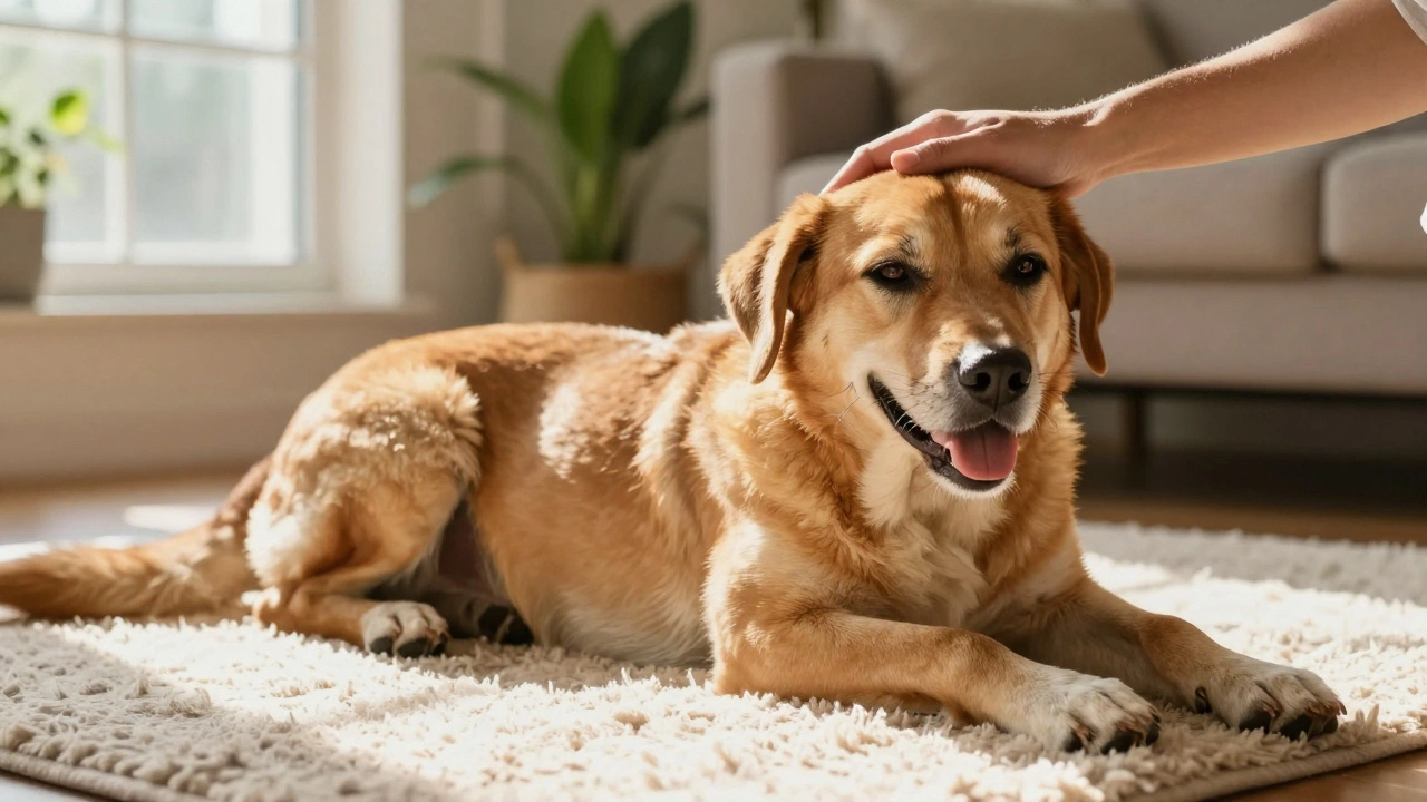 A happy rescued adult dog being petted in a sunny living room