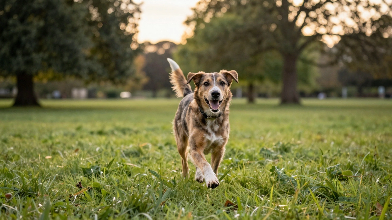 A healthy, energetic dog running through a sunny green park.