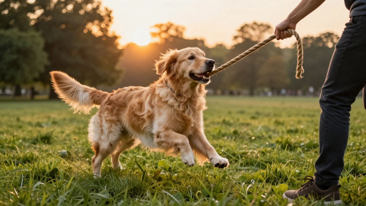 A joyful Golden Retriever playing tug-of-war in a sunlit park