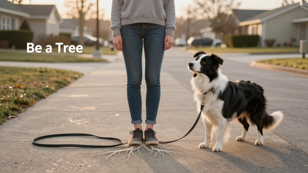 A person standing still like a tree while their dog looks back with a slack leash.