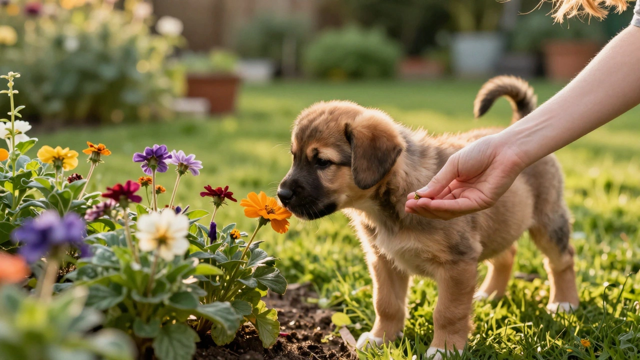 A puppy being rewarded with a treat for sniffing a flower in a garden