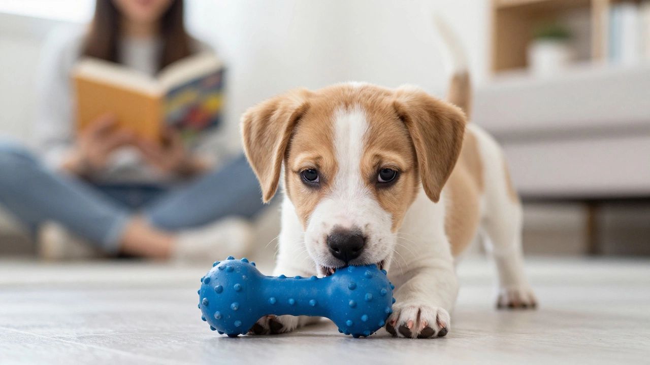 A puppy playing independently with a chew toy while the owner relaxes nearby.