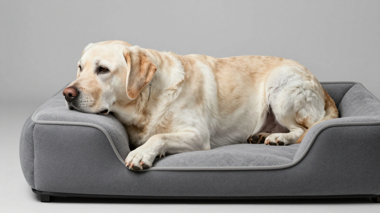 A senior Labrador resting on a supportive orthopedic memory foam bed.